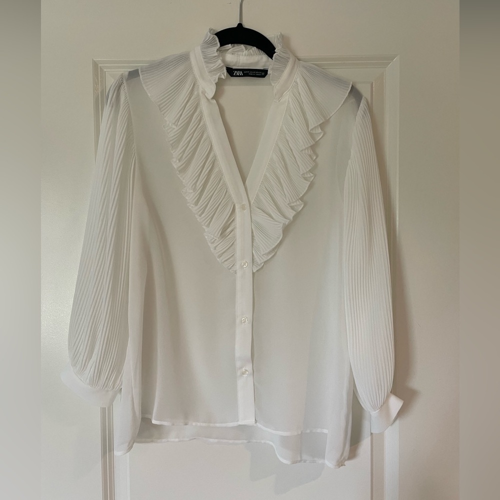 Zara sheer ruffle white blouse size XS - Picture 4 of 6